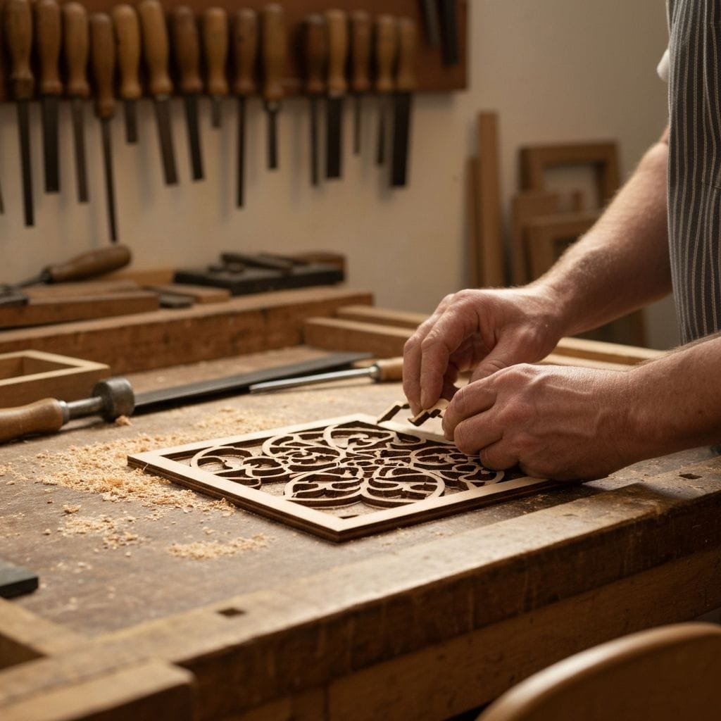 Werkstattaufnahme: lasergeschnittenes Holzstück wird kontrolliert